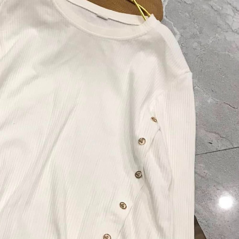 White Ribbed Button Side Knit Top - image 3